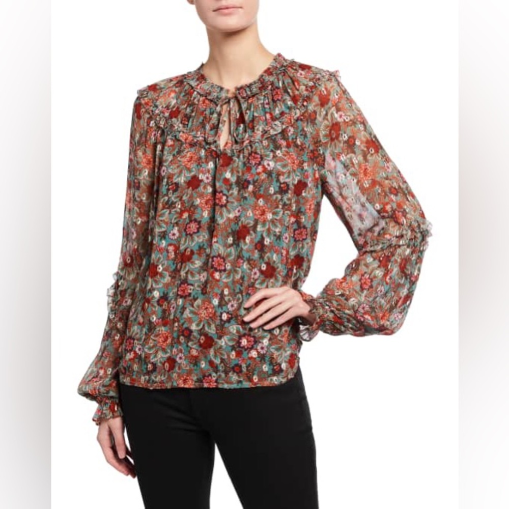 RAMY BROOKE Ryder Floral Blouson Sleeve V Neck Semi Sheer Blouse